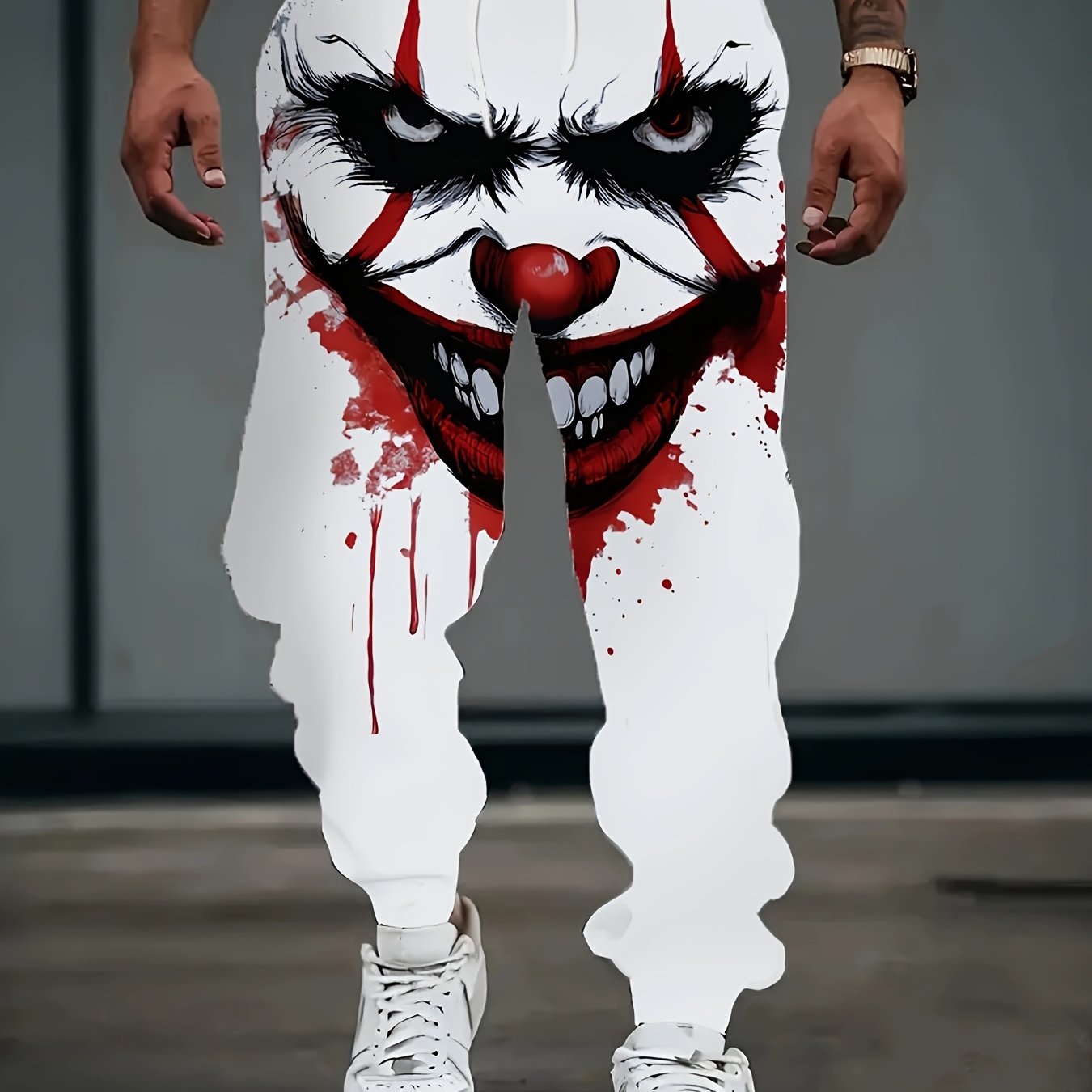 [Scary Horror Clown Pants] Horror Clown Pants for Men | Bloody Splatter Design, White with Red Accents - Costume Party Outfit, Halloween Casual Attire - Funny Scary Jumpsuit Bottoms - Regular Fit Trousers for Everyday or Them