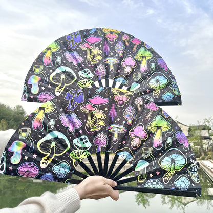 33.02cm UV Glow Carnival Folding Fan - Vibrant Neon Mushroom & Butterfly Design, Durable Plastic, Perfect for Parties, Festivals, and Gifts, Handheld & Button Operated, Festive Accessory | Glow Party Fan | Durable Plastic Fan