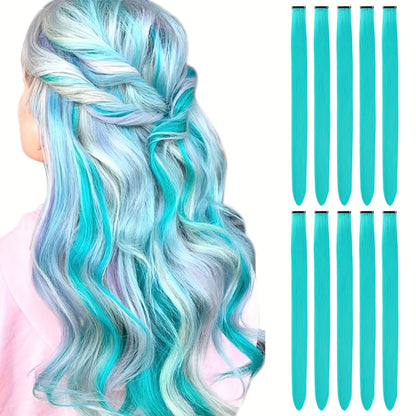 10pcs Glowing Clip-In Synthetic Hair Extensions 20-Inch Colorful Neon Glow-in-the-Dark Wigs, Easy-to-Wear Clip Design, Smooth Soft Texture, Women'S Daily Fashion Accessory for Halloween New Year Parties