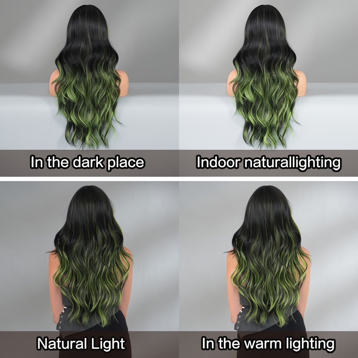 [Halloween Green Wig] Halloween Long Curly Wavy Green Wig for Women | Modest Fashion Middle Part Wigs with Curtain Bangs High Density Synthetic Fiber Fake Hair Trick or Treat Wear Beginners Glueless Wig Accessories Cosplay Pa
