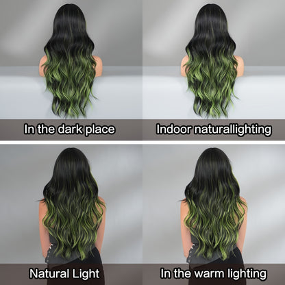 [Halloween Green Wig] Halloween Long Curly Wavy Green Wig for Women | Modest Fashion Middle Part Wigs with Curtain Bangs High Density Synthetic Fiber Fake Hair Trick or Treat Wear Beginners Glueless Wig Accessories Cosplay Pa