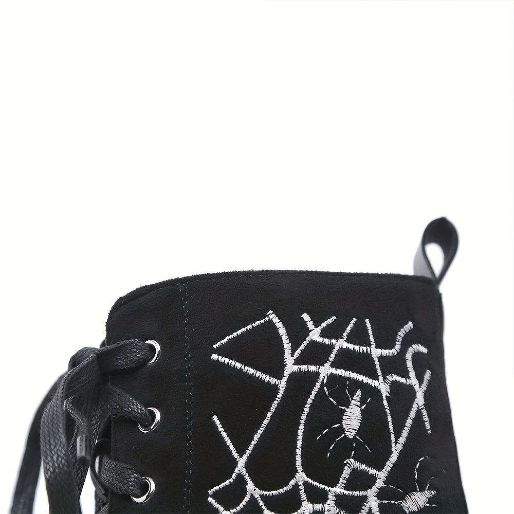 GDGYDH Women's Punk-Style Spiderweb Embroidered Ankle Boots with Chunky Heel, Lace-Up & Side Zipper - Comfortable All-Season Fashion Shoes