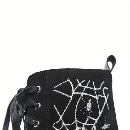 GDGYDH Women's Punk-Style Spiderweb Embroidered Ankle Boots with Chunky Heel, Lace-Up & Side Zipper - Comfortable All-Season Fashion Shoes