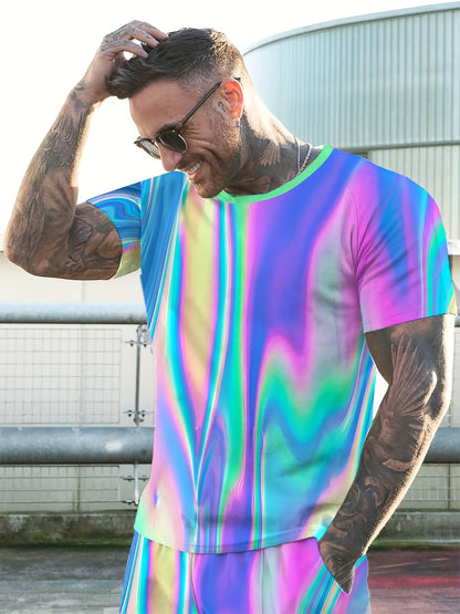 Men'S Vibrant 3D Neon Print Casual Shorts & T-Shirt Set - Stretchy, Anti-Pilling Fabric, White Sneakers, Perfect for Streetwear & Casual Attire, Streetwear Outfit|Vibrant Print Design|Stretchy Fabric
