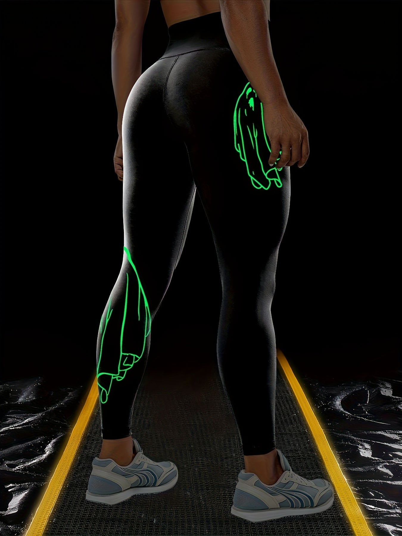 Women'S High-Waisted Stretchy Fitness Leggings with Glow-in-the-Dark Skull Print - Black, Elastic Waistband, Long Length for Running, Yoga & Halloween Party Wear, Yoga Pants, Halloween Leggings, Bold Graphic Pants, Highelasti