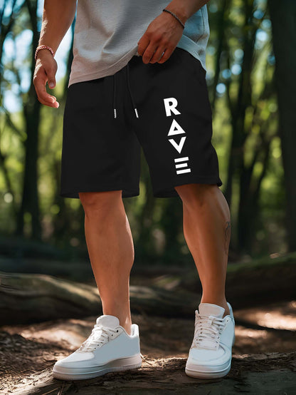 R V New Men's Summer Casual Shorts with RAVE Letter Print - Light Grey Regular Fit Outdoor Sports & Beach Vacation Shorts, American Fashion Trendy Lightweight Comfortable Design, Beach Vacation Apparel | Fashionable Casualwea