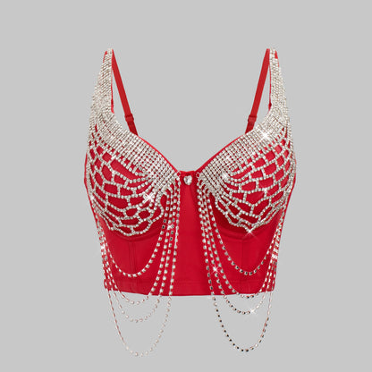 Women'S Glittery Orange Mesh Top with Tassels - Sexy V-Neck, Sleeveless Crop Tank for Casual or Party Wear, All-Season Fashion, Party Attire|Vneck Top|Mesh Fabric