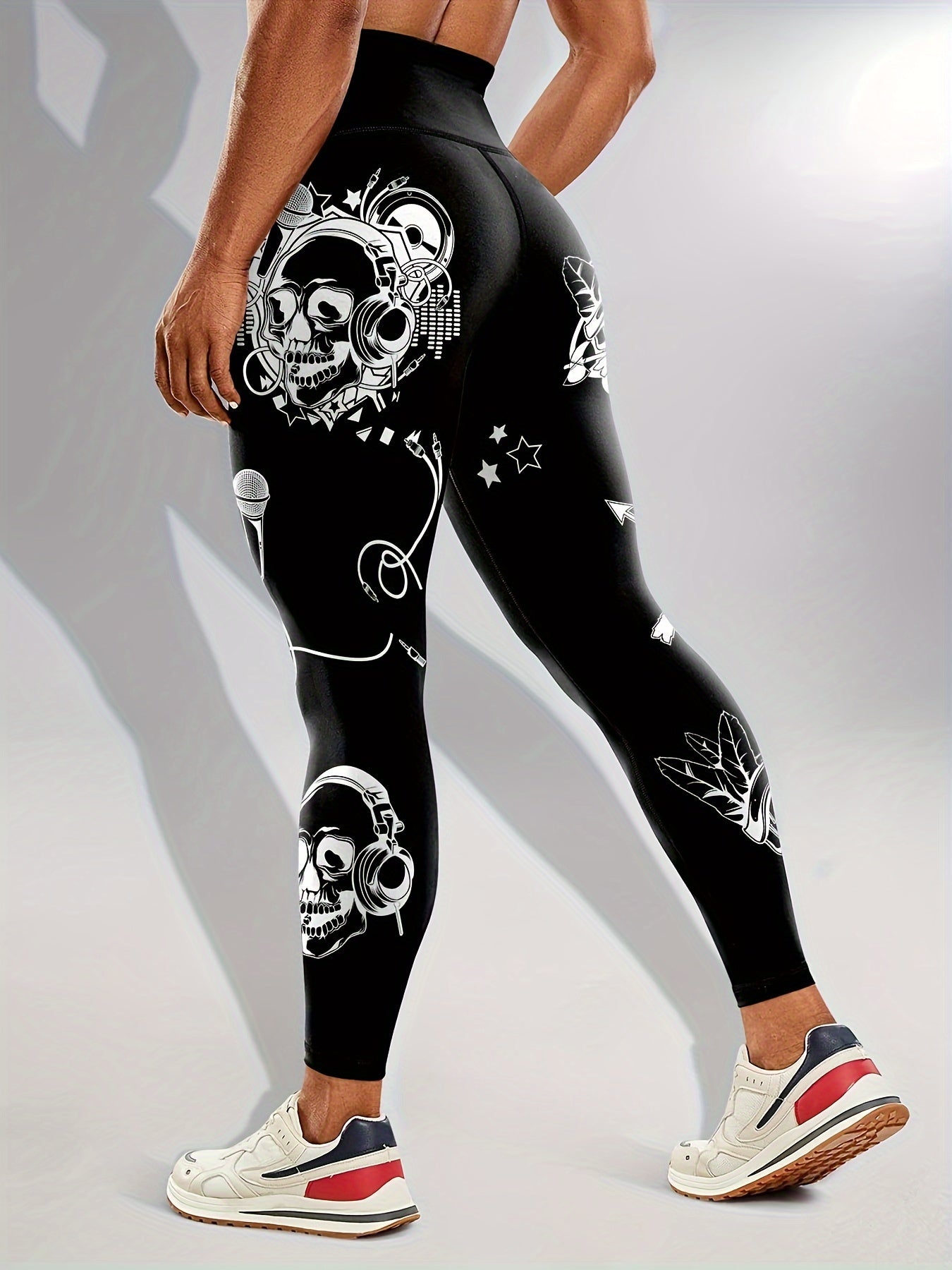 Women'S High-Waisted Stretchy Fitness Leggings with Glow-in-the-Dark Skull Print - Black, Elastic Waistband, Long Length for Running, Yoga & Halloween Party Wear, Yoga Pants, Halloween Leggings, Bold Graphic Pants, Highelasti