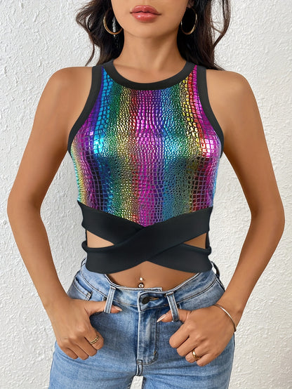 Women's Elegant Sequin Color Block Tank Top with Crisscross Front Hem Straps - Stretchy Round Neck Sleeveless Summer Top for Casual & Dressy Outfits, Ladies Tank Tops, Versatile Fashion, Nontransparent Fabric