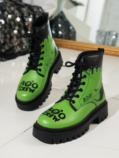 Trendy Plus Size Women's Halloween Print Lace-Up Boots - Thick Low Heel Round Toe PU Cover Short Boots with Rubber Sole, All-Season Comfort for Casual & Festive Occasions