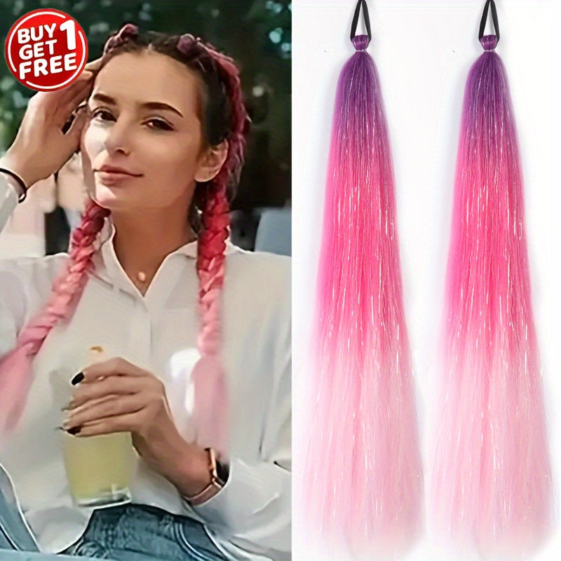 2-Pack 26-Inch Jumbo Braided Ponytail Hair Extensions - Soft Synthetic Straight Hair with Tinsel, Elastic Band, and Natural-Looking Roots for All Occasions, Easy to Wear and Style
