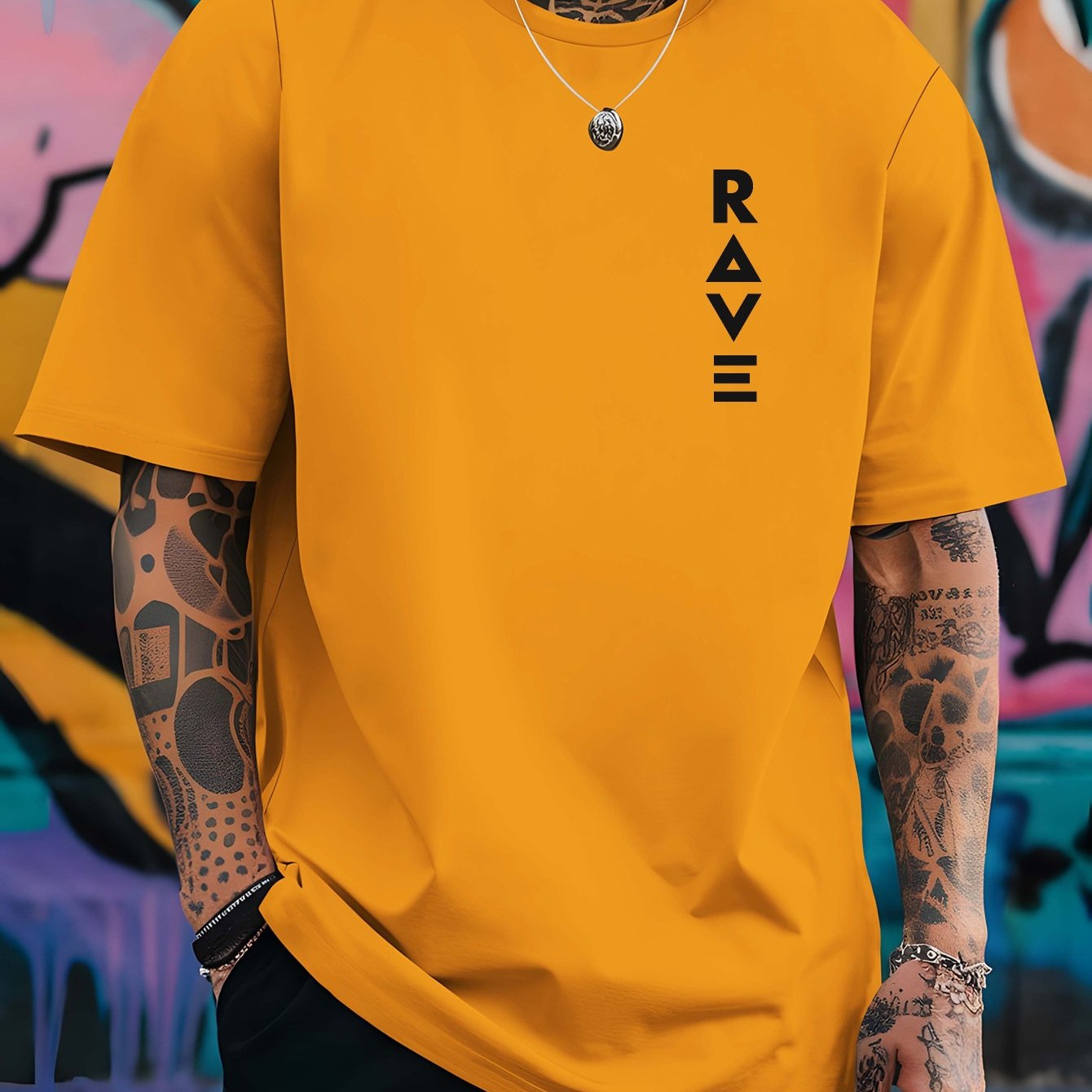 R V Men's Short Sleeve T-Shirt - Vibrant Yellow with Bold RAVE Graphic Print, Breathable Round Neck Casual Top for Summer Beach Resorts & Outdoor Activities