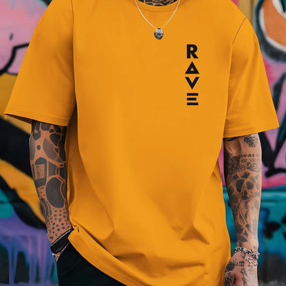 R V Men's Short Sleeve T-Shirt - Vibrant Yellow with Bold RAVE Graphic Print, Breathable Round Neck Casual Top for Summer Beach Resorts & Outdoor Activities
