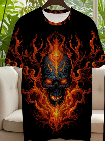Men's Large Size Round Neck 3D Printed Slim Fit Fiery Skull Personality Free and Bold Att! Fashionable and Trendy Versatile Plus Size Men's Round Neck Casual T-shirt and Pants Set, Tall Men's Two-Piece Set, Outdoor Leisure En