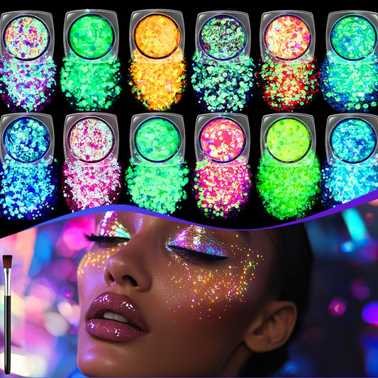12 Colors Quick Dry Glow-in-the-Dark Glitter Gel - Water-Based, Self-Adhesive Neon Glitter for Women, Perfect for Mardi Gras, Halloween, Party & Festival Makeup, Body Glitter|Vibrant Glitter|Waterproof Glitter, Glitter Eyesha