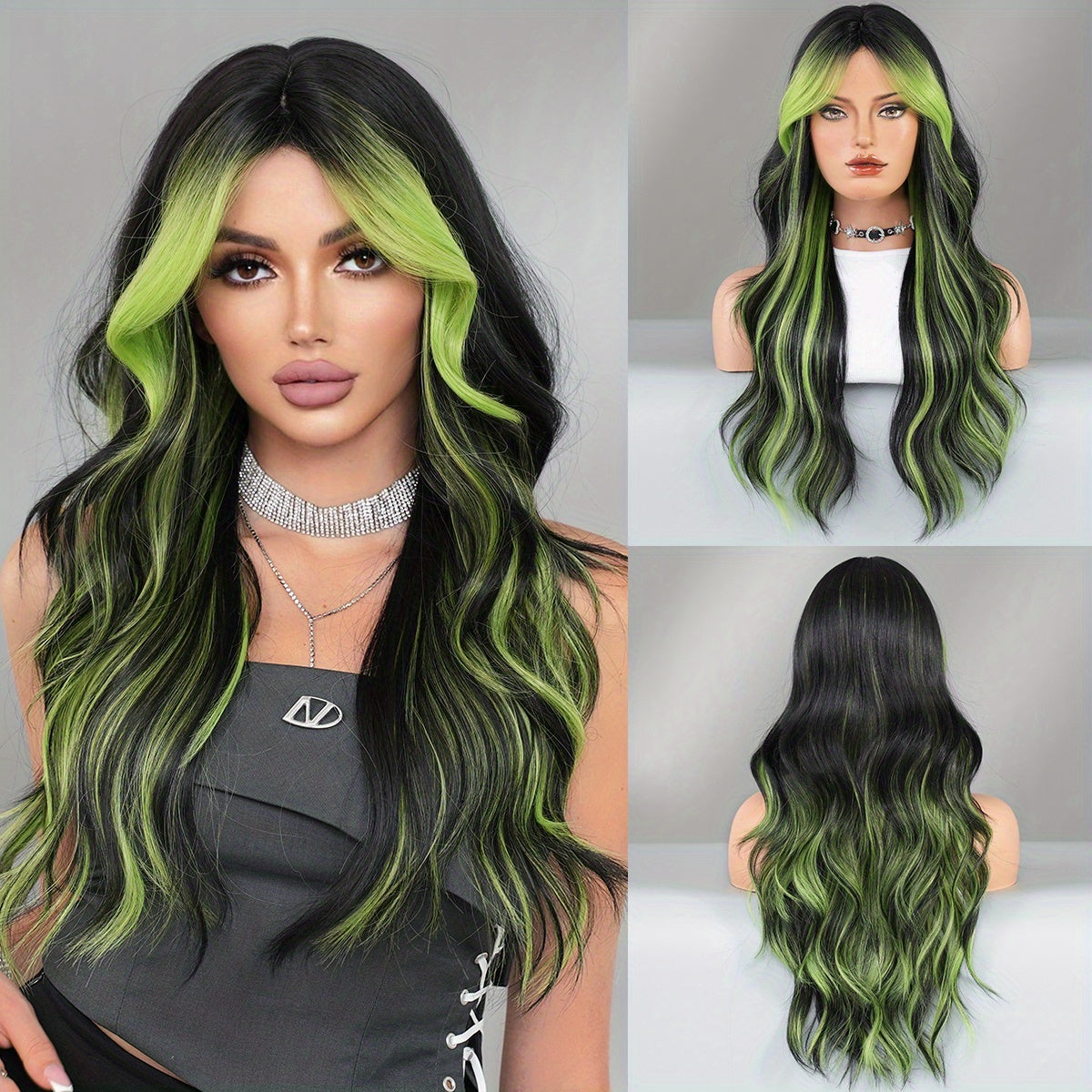[Halloween Green Wig] Halloween Long Curly Wavy Green Wig for Women | Modest Fashion Middle Part Wigs with Curtain Bangs High Density Synthetic Fiber Fake Hair Trick or Treat Wear Beginners Glueless Wig Accessories Cosplay Pa