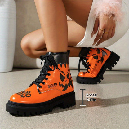 Trendy Plus Size Women's Halloween Print Lace-Up Boots - Thick Low Heel Round Toe PU Cover Short Boots with Rubber Sole, All-Season Comfort for Casual & Festive Occasions