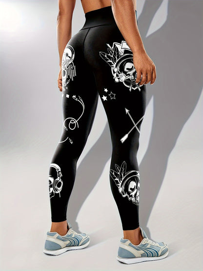 Women'S High-Waisted Stretchy Fitness Leggings with Glow-in-the-Dark Skull Print - Black, Elastic Waistband, Long Length for Running, Yoga & Halloween Party Wear, Yoga Pants, Halloween Leggings, Bold Graphic Pants, Highelasti