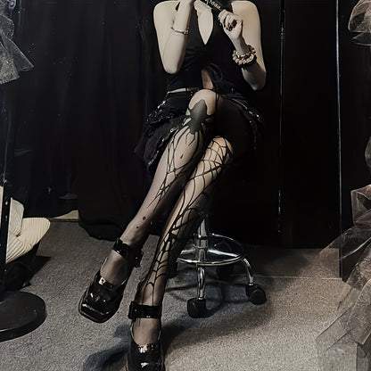 [Gothic Punk Spider Web Tights] 1 Pair Women's Gothic Punk Spider Web Tights - Dark Halloween Themed Full Leg Coverage with Sheer Panels & Black Web Pattern, Stretchy Comfort Fit for Costume Parties, Themed Events & Casual At
