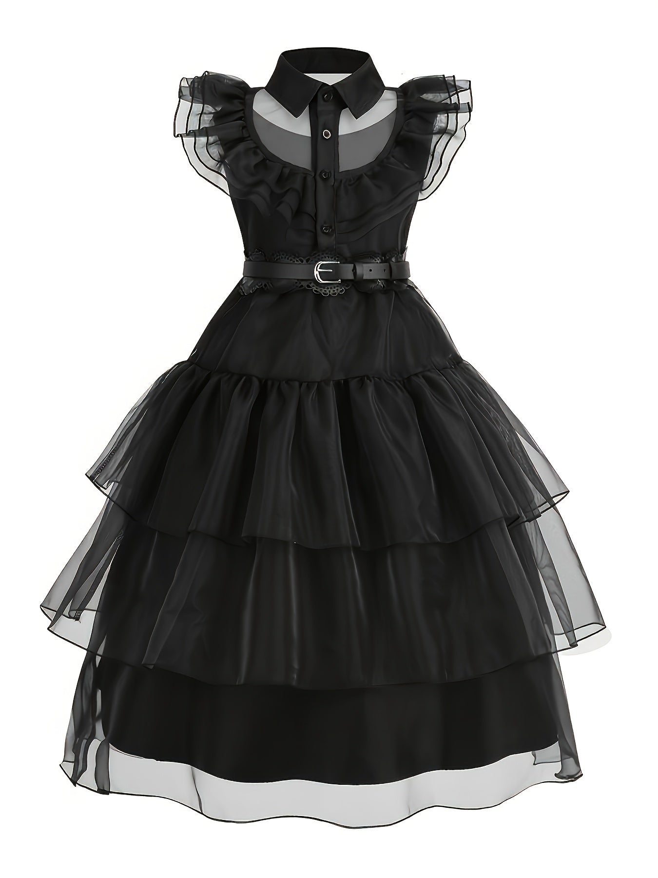 UPORPOR Gothic Mesh LED Dress - Black Tiered Gothic Party Dress with Purple LED Lights, Short Sleeve, Crew Neck, Non-Stretch Fabric, Halloween (Battery Not Included), Halloween | Layered Fashion | Mesh Fabric