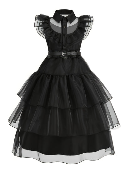 UPORPOR Gothic Mesh LED Dress - Black Tiered Gothic Party Dress with Purple LED Lights, Short Sleeve, Crew Neck, Non-Stretch Fabric, Halloween (Battery Not Included), Halloween | Layered Fashion | Mesh Fabric