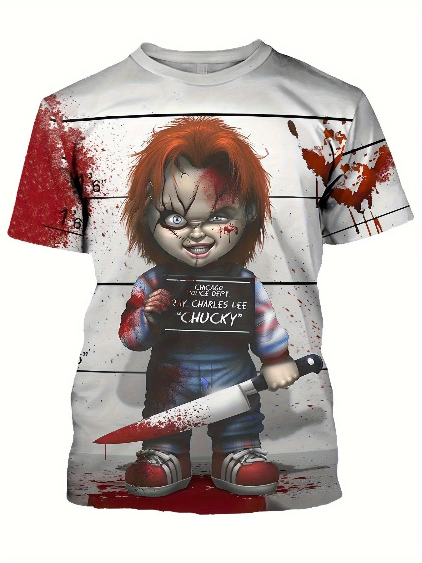 Men'S Halloween Graphic T-Shirt - 3D Print Chucky Design with Blood Splatter, Black Shorts, and Knives, Casual Crew Neck Tee for Casual Attire, Halloween Shirts