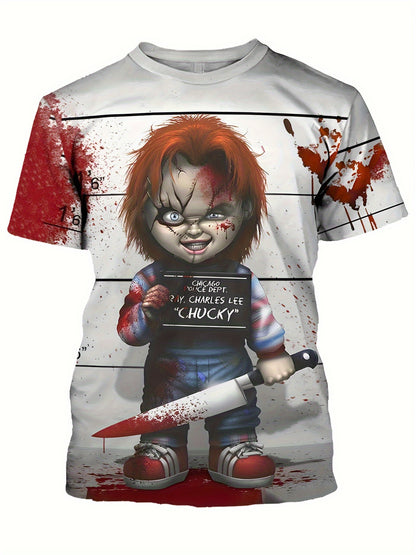 Men'S Halloween Graphic T-Shirt - 3D Print Chucky Design with Blood Splatter, Black Shorts, and Knives, Casual Crew Neck Tee for Casual Attire, Halloween Shirts