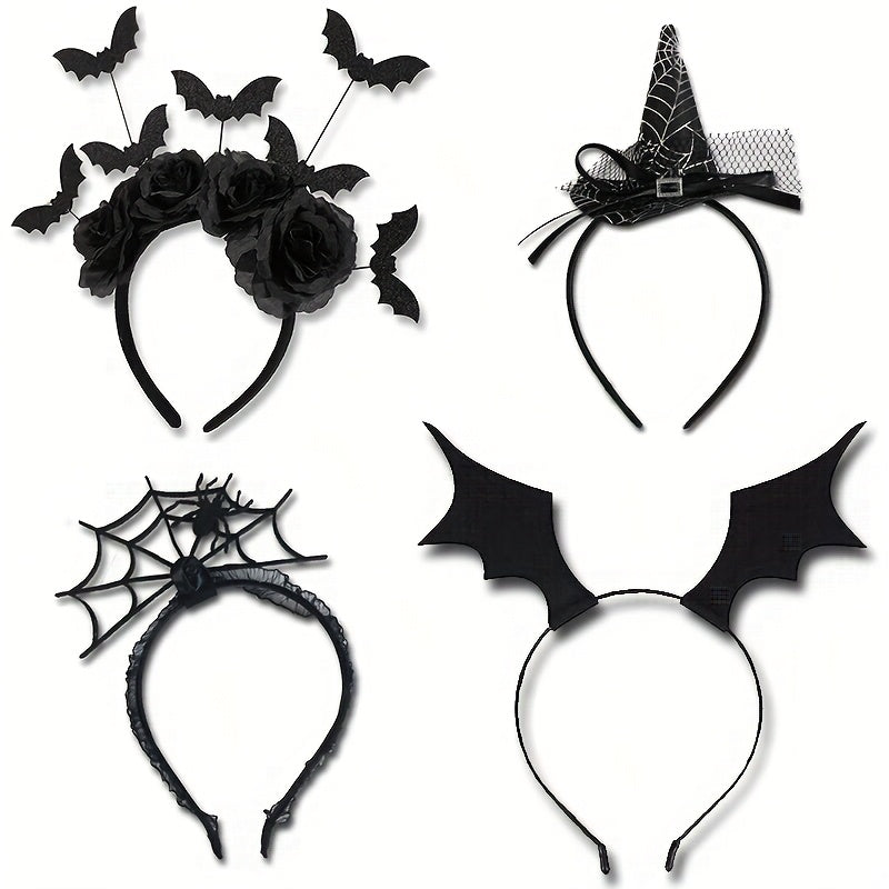 [Funny Halloween Headbands] 4pcs Halloween Party Funny Headbands | Lace Spider Web, 3D Hats, Horns, Bat Decorated Haunted Night Prankster Spider Accessories