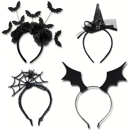 [Funny Halloween Headbands] 4pcs Halloween Party Funny Headbands | Lace Spider Web, 3D Hats, Horns, Bat Decorated Haunted Night Prankster Spider Accessories