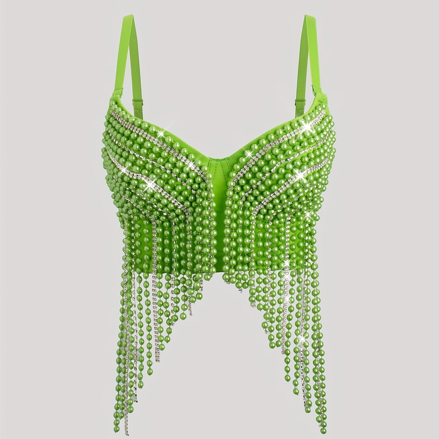 Sexy Fishbone Corset Top with Pearl Embellishments & Tassel Details - Vibrant Pink Stretchy Spaghetti Strap Bustier for Nightclub, Concert, Festival - Versatile All-Season Women's Fashion, Concert Attire, Elegant Style, Styli
