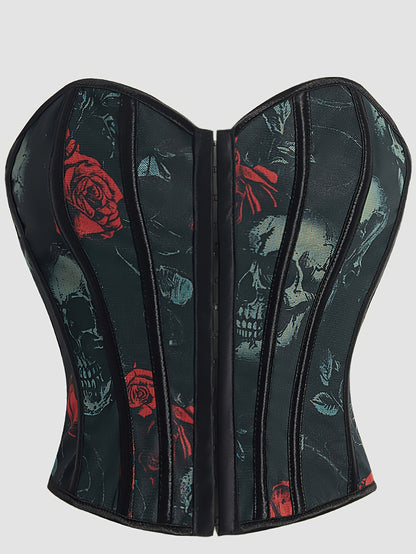 [Statement Fashion] Elegant Skull Print Lace-Up Corset Top for Women - Gothic Style, High Support, Tummy Control, Black with Red Roses & Skull Design, No-Pad Bustier, Hand Wash Only
