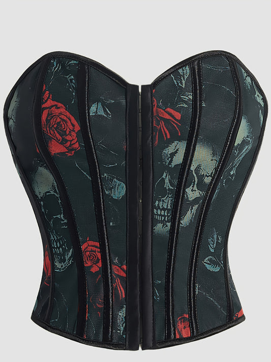 [Statement Fashion] Elegant Skull Print Lace-Up Corset Top for Women - Gothic Style, High Support, Tummy Control, Black with Red Roses & Skull Design, No-Pad Bustier, Hand Wash Only