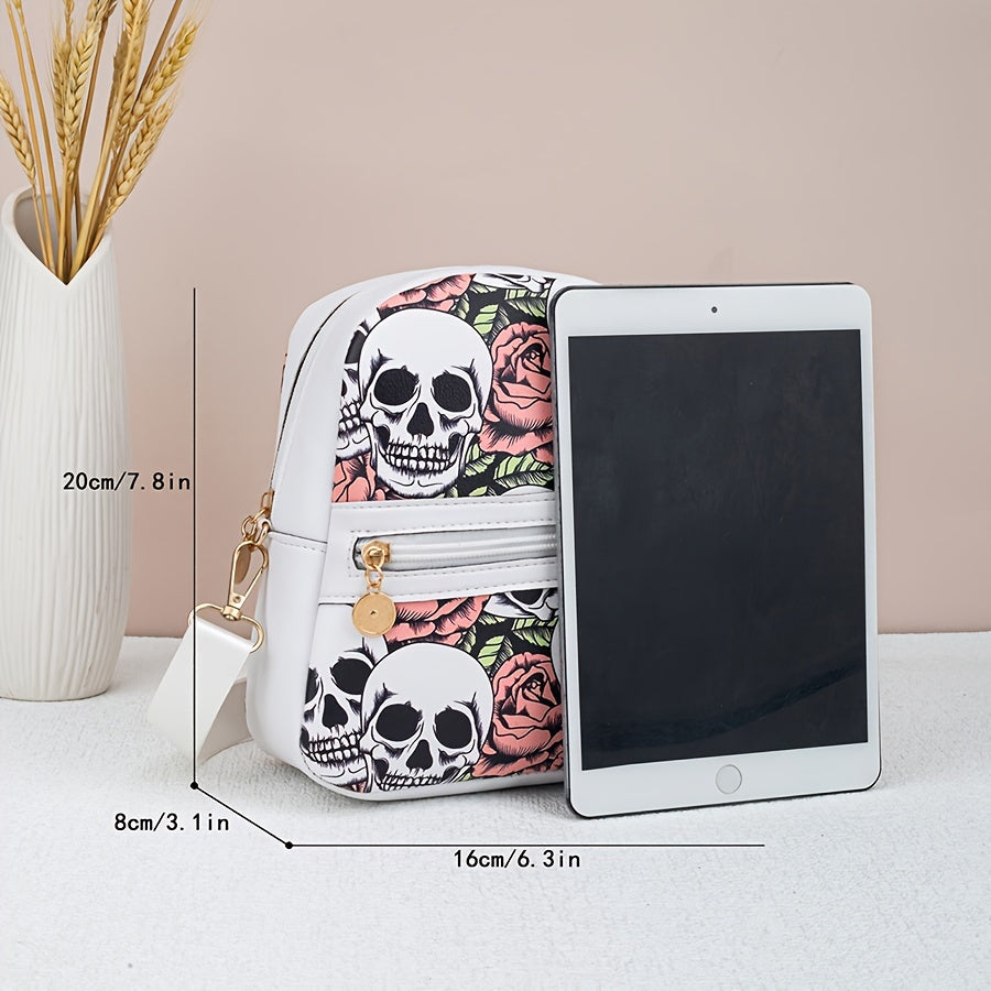 [Punk Crossbody Bag] Women's Lightweight Crossbody Bag | Punk Gothic Skull & Rose Print, Detachable Adjustable Strap, Zipper Closure, White with Black Floral Design, Goldtone Hardware, Durable Material, Small Handbag, Alterna