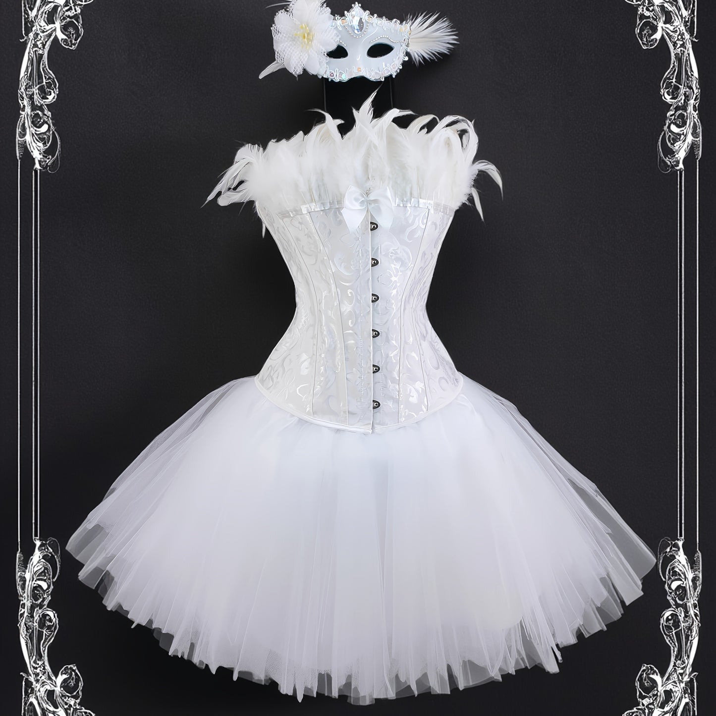 [Gothic Style Costume Set] Gothic Style Jacquard CORSETS + TUTU Skirt + Mask Set | Halloween Black Swan, Black Angel Costume Set - Party Outfit Set