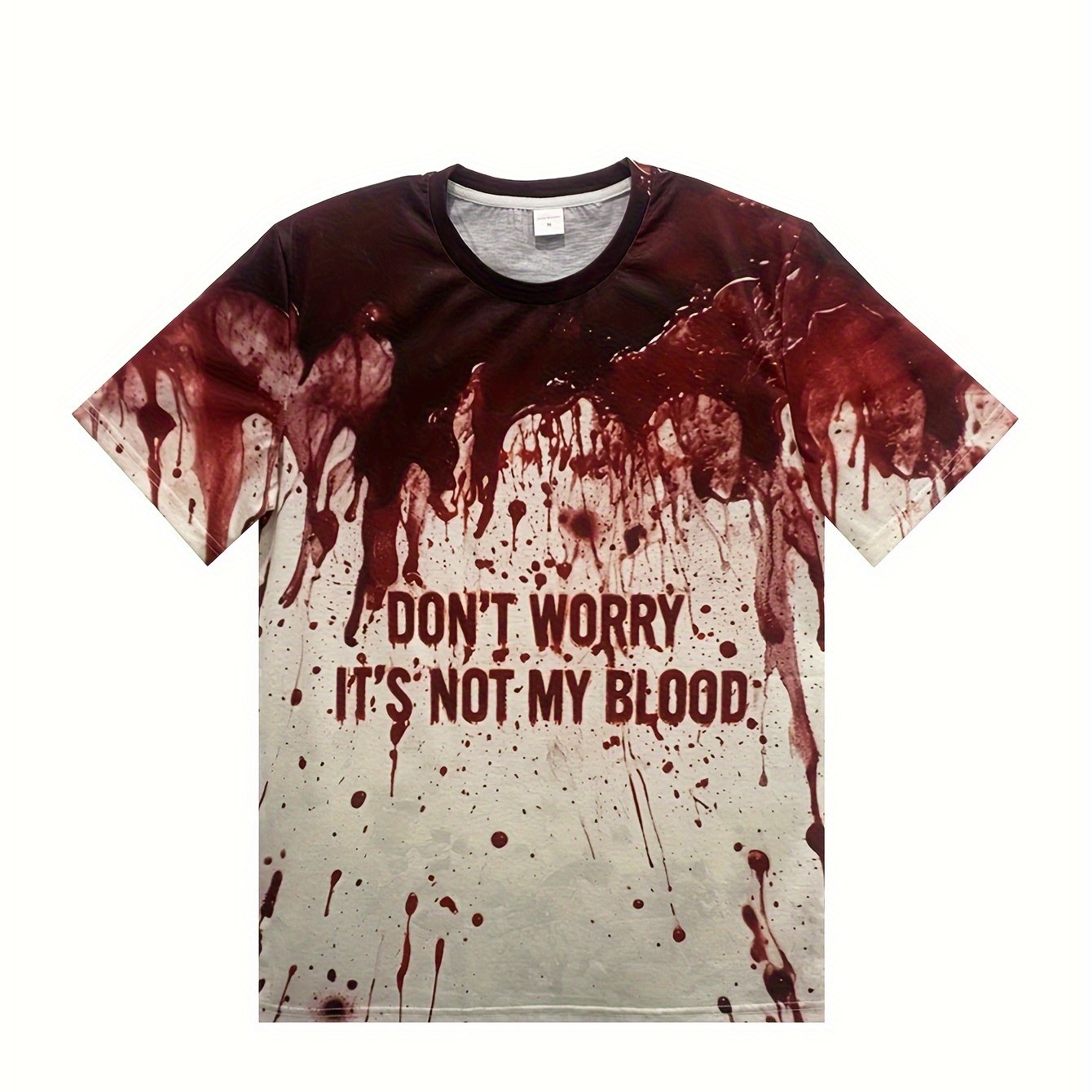 Men's Blood-Splatter Horror Graphic T-Shirt with 3D Blood Drip Effect & "I Don't Worry It's Not My Blood" Print - Breathable Polyester Round Neck Casual Tee for Horror Fans, Gothic Parties & Casual Attire - Machine Washable (