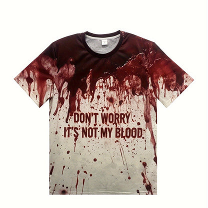 Men's Blood-Splatter Horror Graphic T-Shirt with 3D Blood Drip Effect & "I Don't Worry It's Not My Blood" Print - Breathable Polyester Round Neck Casual Tee for Horror Fans, Gothic Parties & Casual Attire - Machine Washable (