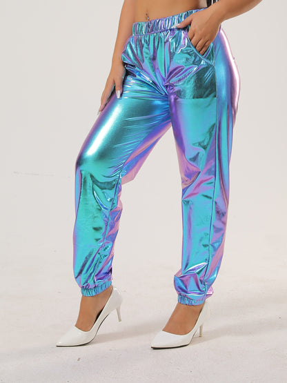 Women's Vibrant Purple Casual Tapered Leggings with Elastic Waistband & Side Pockets - Medium-Stretch All-Season Comfort for Lounge, Workouts & Casual Attire, Leggings, Lounge Wear, Fashionable Jogger Style, Medium Elasticity