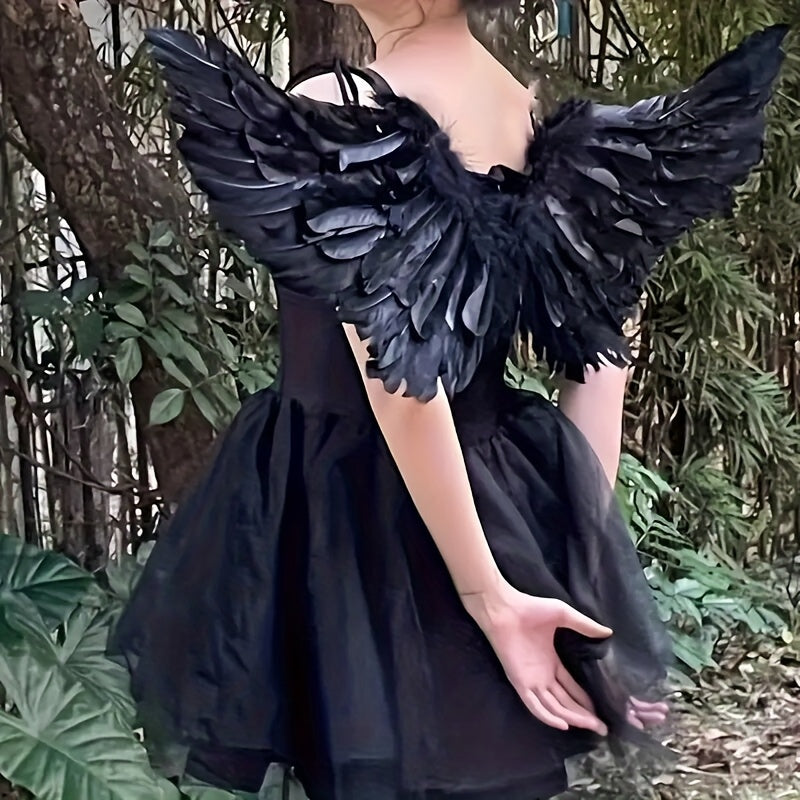Angel Wings with Halo Costume - Black & White Halloween, Christmas, And Party Costume Accessory for Costume Parties, Halloween Costumes, Festive Attire, Elegant Design, Intricate Detailing for Halloween, Christmas Event & Par
