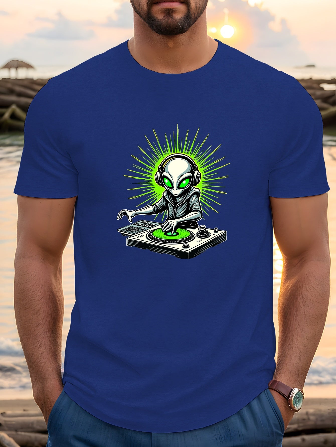 Men's Alien DJ with Headphones & Neon Green Sunburst Graphic Print Crew Neck T-Shirt - Lightweight Summer Casual Tee, Regular Fit, Machine Washable, Music Lover Apparel | Playful Design Shirt | Breathable Fabric