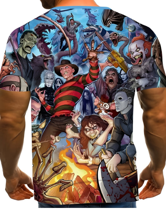 [Horror-Themed 3D Print Tee] Men's Casual Short Sleeve T-Shirt with Vibrant Horror-Themed 3D Digital Print - Freddy Krueger, Jason & Michael Myers Graphic Design - 100% Polyester, Machine Washable, Regular Fit Summer Tee, Com