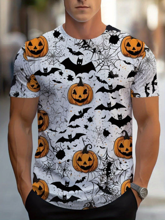[Halloween Costume Shirt] Spooky Halloween Outfit for Adults - Men's Full-Body Pumpkin Bat Print Party Shirt | Lightweight & Breathable Fabric, Machine Washable for Trick-or-Treat, Haunted House