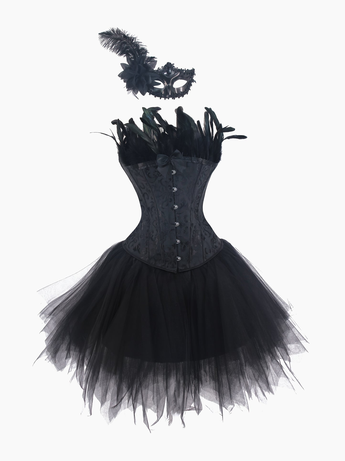 [Gothic Style Costume Set] Gothic Style Jacquard CORSETS + TUTU Skirt + Mask Set | Halloween Black Swan, Black Angel Costume Set - Party Outfit Set