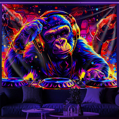 1pc Anime-Themed Blacklight Reactive Glow Tapestry, UV-Activated Wall Hanging with DJ Gorilla & Elephant, Knit Polyester Fabric, 85gsm, for Bedroom Ceiling, Dorm & Living Room Decor, No Electricity Needed