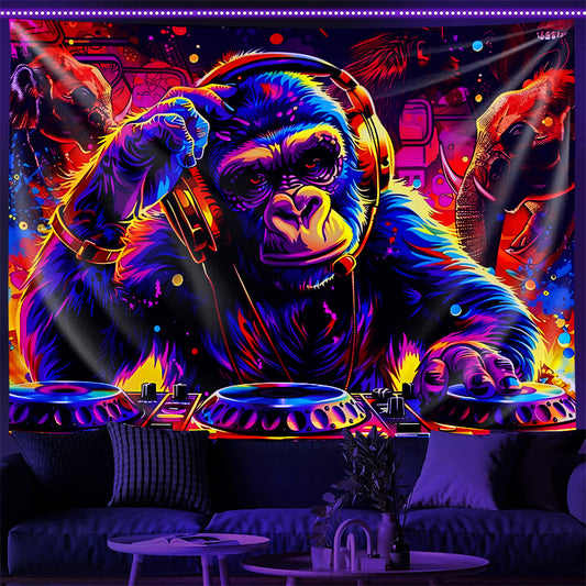 1pc Anime-Themed Blacklight Reactive Glow Tapestry, UV-Activated Wall Hanging with DJ Gorilla & Elephant, Knit Polyester Fabric, 85gsm, for Bedroom Ceiling, Dorm & Living Room Decor, No Electricity Needed
