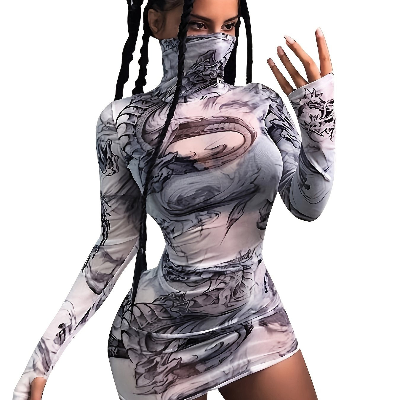 Women's Y2K Fashion Dragon Print Semi-Sheer High Neck Sleeve Bodycon Dress - Stretchy Machine Washable All-Season Versatile Fit, Trendy Outfit, Formfitting Style, Medium Elasticity, Streetwear Style, Comfortable Fit, Trend Fo