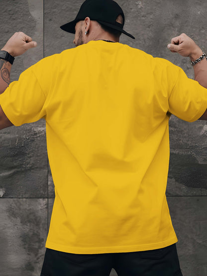 R V Men's Short Sleeve T-Shirt - Vibrant Yellow with Bold RAVE Graphic Print, Breathable Round Neck Casual Top for Summer Beach Resorts & Outdoor Activities