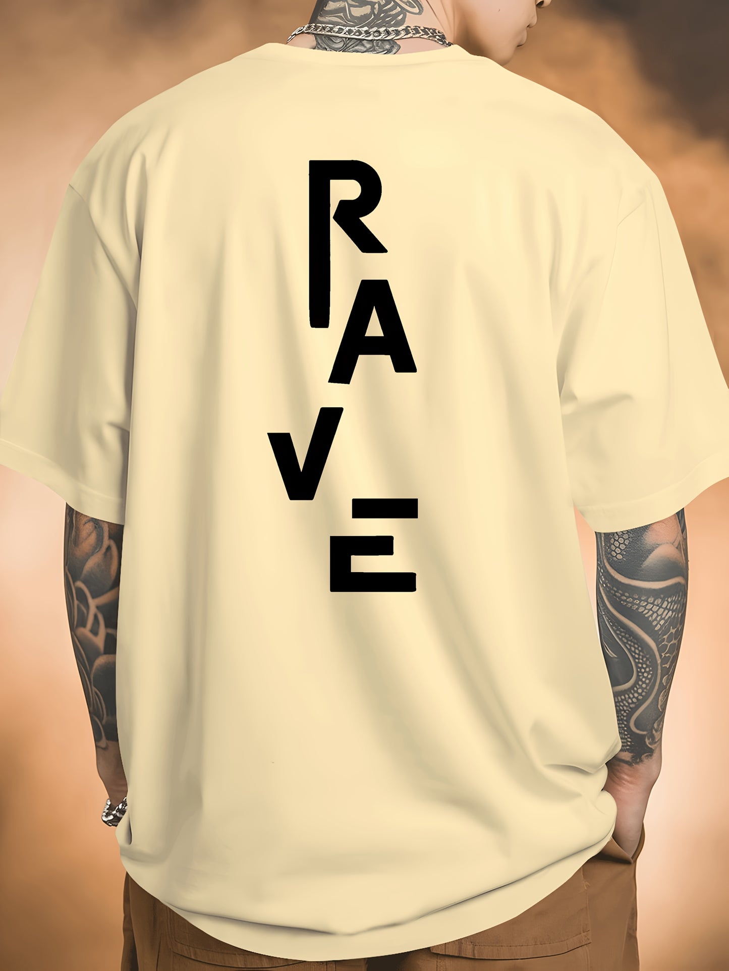 Men's Trendy Summer Short-Sleeve T-Shirt with "Rave" Graphic Print - Breathable, Versatile Round Neck Tee for Beach Vacations & Casual Wear, Breathable Clothing | Relaxed Fit Shirt | Comfortable Fabric, Shirts for Summer