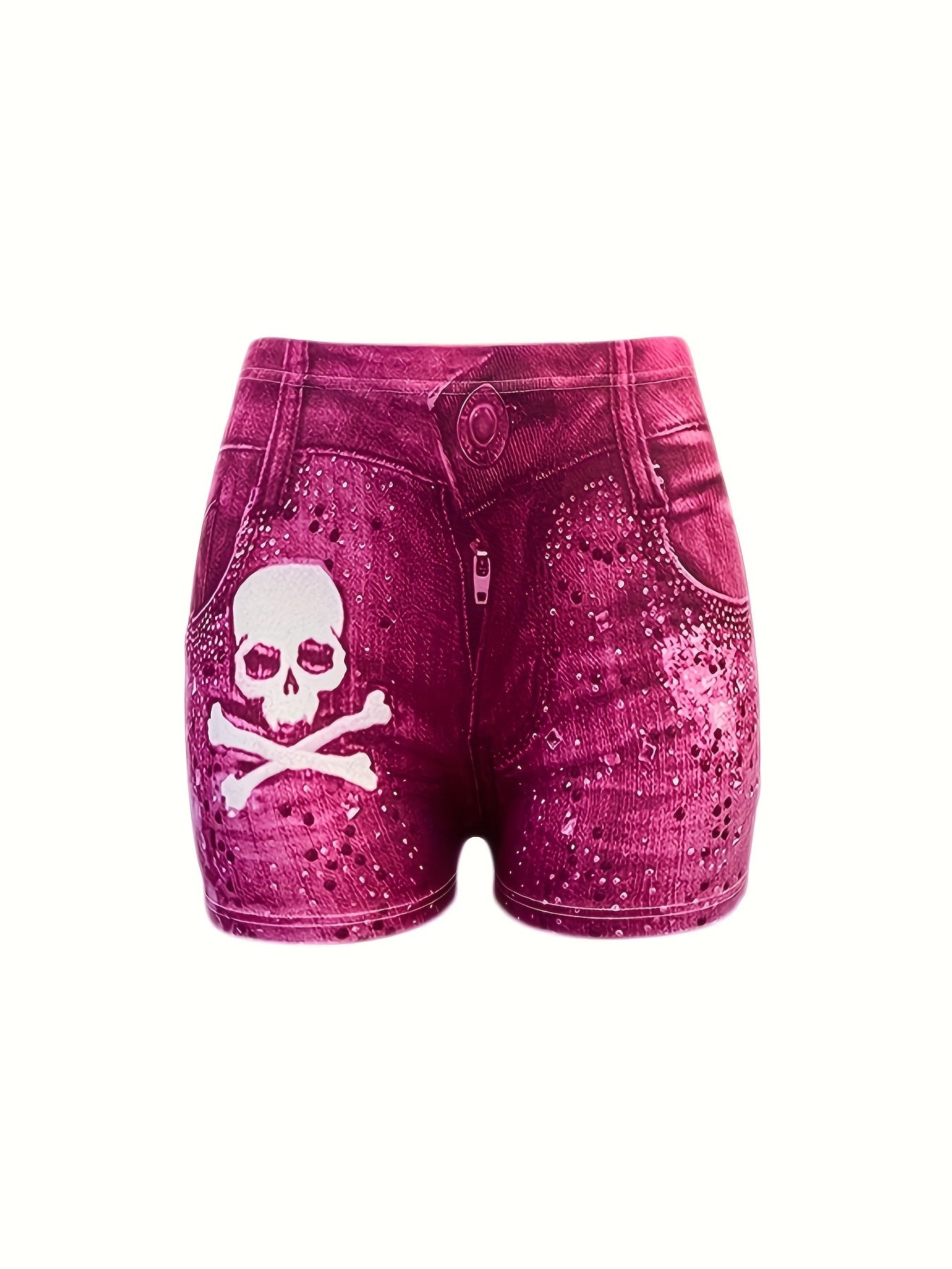 Skull Print Imitation Denim Shorts, Sexy High Waist Skinny Shorts For Spring & Summer, Women's Clothing
