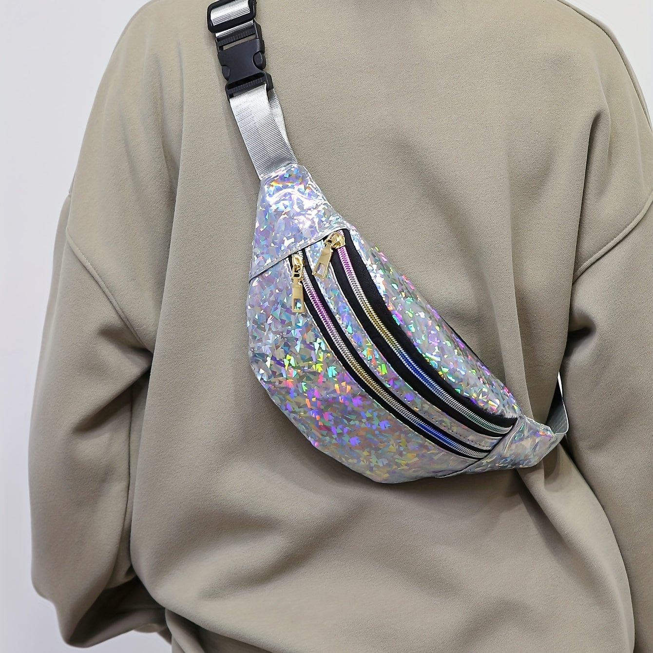 Holographic Sequin Waist Bag for Women - Stylish Crossbody Belt Bag with Adjustable Strap, Zipper Closure, And Glittery Purple, White, And Pink Patterns - Perfect for Outdoor Activities, Travel, And Everyday Fashion, Crossbod