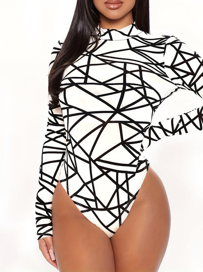 Sultry Red Spider Web Mesh Bodysuit - High Neck Long Sleeve Sexy Halloween Costume with Black Stripe Pattern, Machine Washable & All-Season Wear for Women's Party, Clubbing, Cosplay Outfits, Halloween Clothes, Party Outfit, F